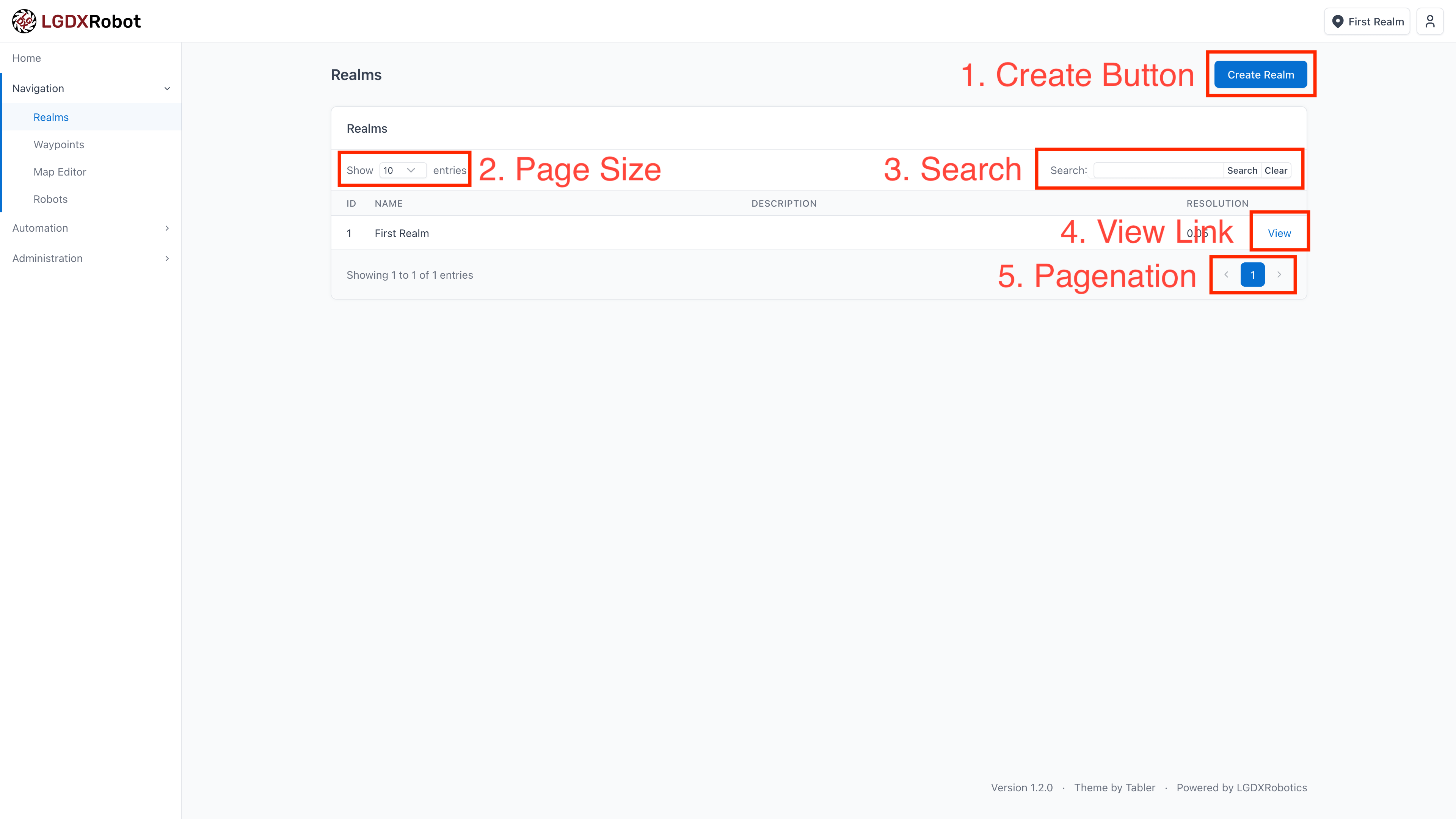 Screenshot of the realms page